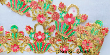 Flower Basket Cutwork Trim, Embroidered In Gold, Pink & Green